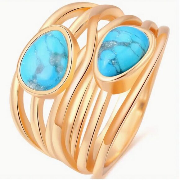 18K Gold-Plated Synthetic Turquoise Ring, Wide Crossed Design, size 7 - Picture 4 of 7